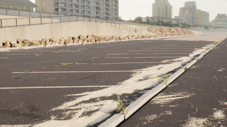 Abandoned parking lot sits quietly by the shoreline, with cracks in pavement showcasing small plants pushing through, symbolizing nature reclaiming urban spaces near the water.の写真素材
