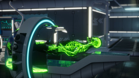 Inside a cutting edge medical facility, a patient lies within a sleek device, with vibrant green lines depicting blood vessels throughout the body, highlighting advanced diagnostics and treatment.の写真素材