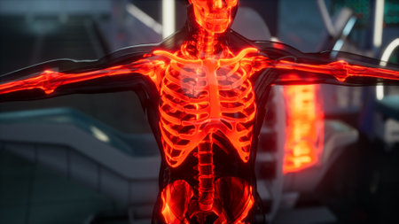 A detailed representation of the human skeletal structure showcases glowing bones and intricate details. This captivating visualization invites viewers to appreciate the beauty of anatomy.の写真素材