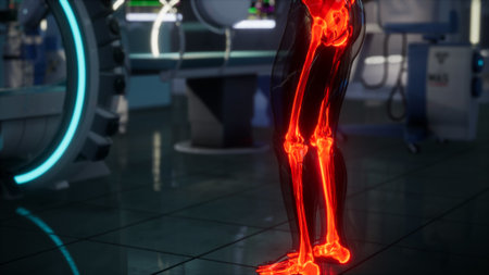 Bright red bones glow against a modern laboratory backdrop, showcasing detailed anatomy. Advanced technology surrounds the skeletal visuals, enhancing the study of human biology and structure.の写真素材