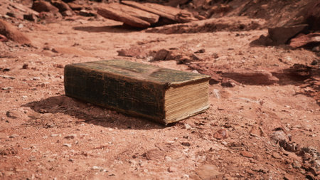 A weathered book lies abandoned on the cracked, sun baked earth of a vast desert. Its cover hints at untold stories and forgotten wisdom, surrounded by rugged rock formations.の写真素材