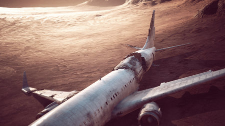 An abandoned airplane lies on a vast, rugged terrain, bathed in warm golden light. Its metallic...