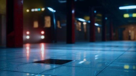A lonely subway platform captures the essence of urban solitude. The faint glow of lights reflects on the wet tiles as a train approaches, bringing a sense of anticipation and mystery.の写真素材