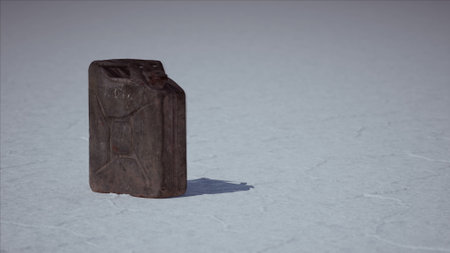 A weathered gas canister stands alone on vast, white salt flats, glimmering in the intense sunlight.の写真素材