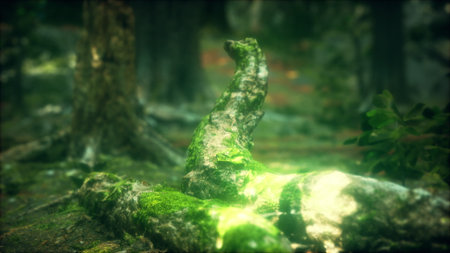 Nature unfolds in a tranquil forest as soft sunlight illuminates a mossy log. Surrounding greenery adds vibrant life to the woods during a peaceful afternoon walk.の写真素材