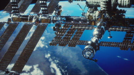 A breathtaking view of a spacecraft hovering above Earth showcases the intricate details of its structure.の写真素材