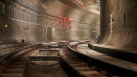 A dimly lit underground tunnel with curving tracks leads into darkness. Soft red lights flicker ahead, hinting at movement in this hidden urban landscape. The atmosphere portrays mystery and intrigue.の写真素材