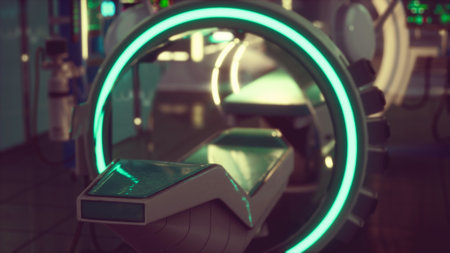 In a modern healthcare facility, an advanced piece of medical technology is illuminated with vibrant neon lights. The sleek design emphasizes innovation and futuristic healing solutions.の写真素材