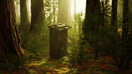 Sunlight filters through towering trees, illuminating a weathered wooden structure in a vibrant forest. Surrounding foliage thrives, creating a serene atmosphere of natures beauty.の写真素材