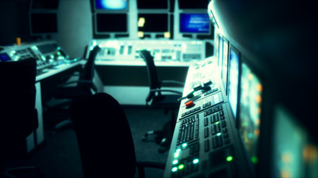 A sophisticated control room showcases a variety of illuminated screens and technical equipment. The ambient lighting creates a high tech atmosphere, hinting at late night operations.の写真素材