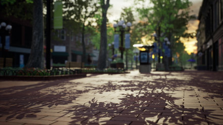 As the sun sets, a warm glow spreads across the city pathway, illuminating tree lined streets. Shadows play on the brick surface, creating a captivating atmosphere for evening strolls.の写真素材