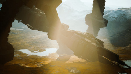 In a surreal setting, a massive, intricate structure looms over a reflective body of water, with sunlight filtering through its silhouettes, creating an atmosphere of wonder and intrigue.の写真素材