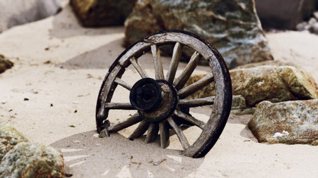 A rustic wagon wheel lies half buried in soft sand, surrounded by jagged rocks under a clear sky. This relic evokes a sense of history and natures embrace, blending serenity and antiquity.の写真素材