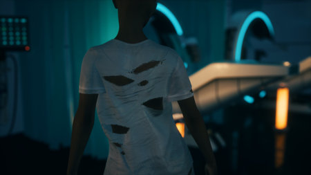 A figure with a torn shirt walks through a dimly lit futuristic facility adorned with soft blue and green lights. The atmosphere hints at advanced technology and mystery.の写真素材