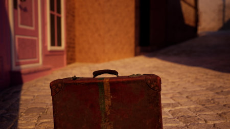 A vintage suitcase stands alone on a cobblestone path, surrounded by charming old buildings. The sunlight softly illuminates the scene, creating a peaceful atmosphere in this hidden village.の写真素材
