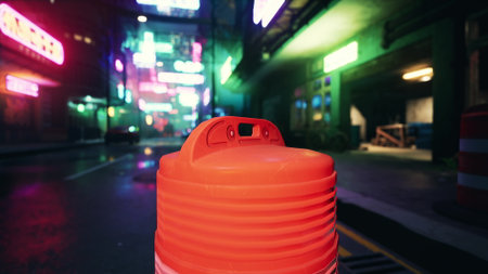 A vibrant city street at night showcases glowing neon signs and colorful lights reflecting on wet pavement.の写真素材