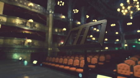 Softly lit interior of an elegant theater reveals empty seats and a music stand awaiting performers. The ambiance hints at anticipation for a captivating evening show filled with art.の写真素材