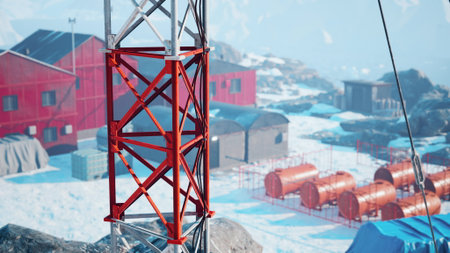 A tall tower stands in a pristine snowy environment. Surrounding the tower are bright red buildings...