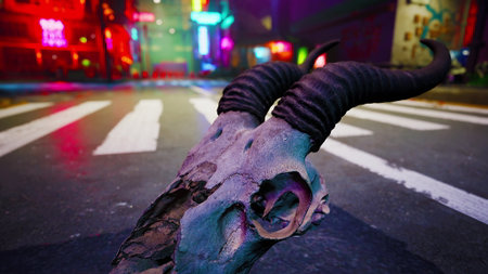 In a vibrant cityscape, a goat skull with twisting horns lies on a crosswalk, illuminated by the...