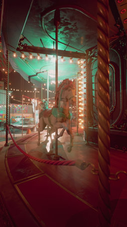 A beautifully decorated carousel spins at night, illuminated by vibrant lights. A majestic white horse stands proudly amidst a joyful carnival setting, evoking childhood wonder and excitement.の写真素材