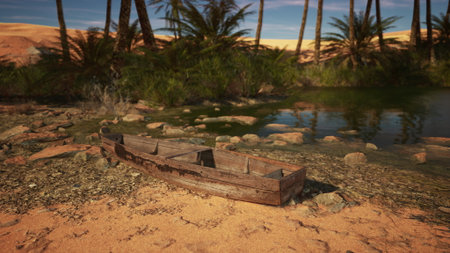 A rustic wooden boat lies abandoned near a calm oasis, surrounded by lush palm trees and golden sand dunes. The peaceful scene captures the tranquility of nature under a clear blue sky.の写真素材
