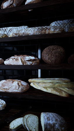 Warm loaves of artisanal bread fill wooden shelves in a bakery. The diverse shapes and textures create a welcoming atmosphere perfect for bread lovers and casual visitors alike.の写真素材