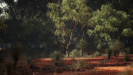 A serene scene reveals verdant trees surrounded by rich red earth and scattered grass. Sunlight filters through the foliage, creating a tranquil atmosphere in an Australian outback setting.の写真素材