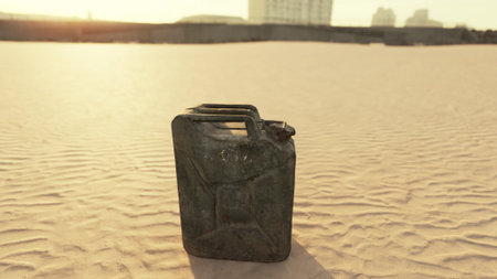 A rusty metal container sits alone on a vast sandy desert. The warm glow of the setting sun casts shadows, highlighting the texture of the sand and container, creating a serene yet desolate scene.の写真素材