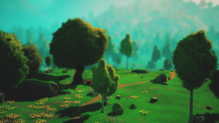 A scenic view unfolds with vibrant green trees and colorful wildflowers blanketing the ground. Rolling hills rise in the background, basking in a bright, ethereal light.の写真素材