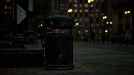 Stray light plays on a solitary trash can as night envelops the street. Shadows lengthen while distant city sounds create an atmosphere of mystery and solitude.の写真素材