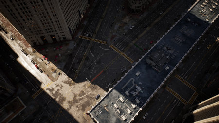 In this aerial view of a bustling city, sunlight casts dynamic shadows on the streets. Cars and...