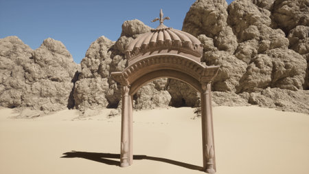 This stunning scene captures a beautifully designed ancient archway set against a backdrop of rugged rock formations and expansive sandy terrain, illuminated by a bright sun.の写真素材