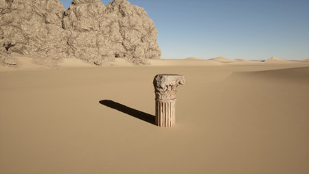 A striking column stands alone in the desert, partially buried in warm golden sands. Surrounding rocky formations rise against a clear blue sky, highlighting the beauty of this desolate scene.の写真素材
