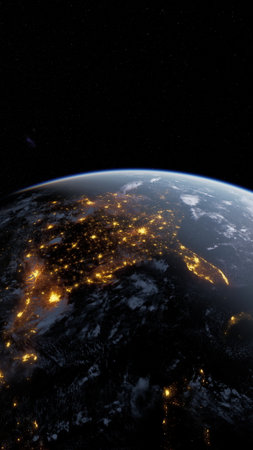 Glowing lights from cities illuminate the dark surface of Earth against a backdrop of space....