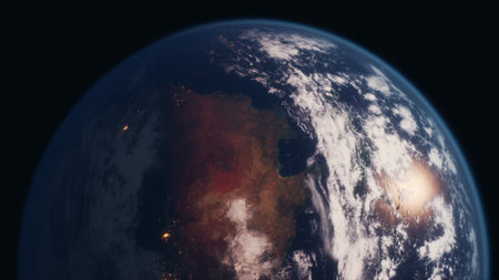 View Earth illuminated in the darkness of space, showcasing vibrant clouds, landmasses, and glowing...