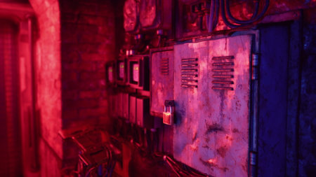 Rusty machines and weathered panels are illuminated by vibrant red and blue lights in a dimly lit...