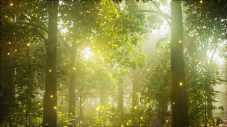 A tranquil forest unfolds as warm golden lights flicker among lush green trees. The soft glow lights...