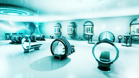A modern gym features futuristic workout machines with glowing designs. The bright, spacious area is...