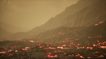 Rivers of glowing lava cascade down a rocky terrain, casting an orange hue across the landscape. The...