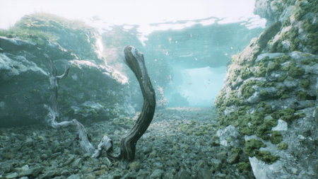 A tranquil underwater scene showcases smooth stones and aged driftwood on the sea floor. Sunlight dances through the water, illuminating the vibrant aquatic life in a hidden underwater haven.の写真素材