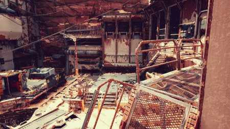 Rusting machinery and crumbling structures fill the abandoned factory. The fading light casts...