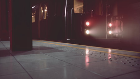 A subway train approaches the platform as evening sets in, casting soft lights. The quiet atmosphere...