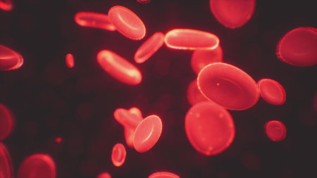 Red blood cells float gracefully, their rich hues illuminated in a swirling dance. The ethereal glow highlights their unique shapes and essential role in life, showcasing natures marvels.の写真素材