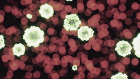 Tiny microorganisms float amidst colorful bokeh, creating a dynamic scene. The bright green entities contrast with the rich red background, showcasing natures intricate beauty and complexity.の写真素材