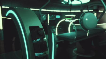 In a darkened laboratory, glowing blue and green lights illuminate advanced machinery. Sleek surfaces reflect the futuristic design, creating a mysterious and high tech atmosphere.の写真素材