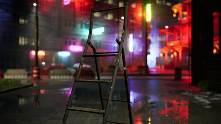 A ladder leans against the wet pavement in a colorful city alley illuminated by bright neon signs. The atmosphere is lively, showcasing urban charm during nighttime.の写真素材