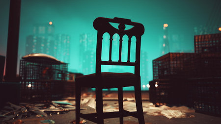 In a dimly lit space, a solitary chair stands boldly among scattered debris. Tall structures loom in the background, their edges softened by a twilight hue.の写真素材