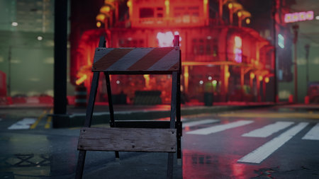 A caution sign stands alone on a wet street, illuminated by vibrant neon lights. The wet pavement reflects the colorful glow, creating a moody atmosphere.の写真素材
