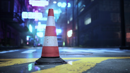 In a vibrant urban setting during the night, a traffic cone stands on a rain slicked street illuminated by colorful neon signs. The scene captures the essence of city life.の写真素材