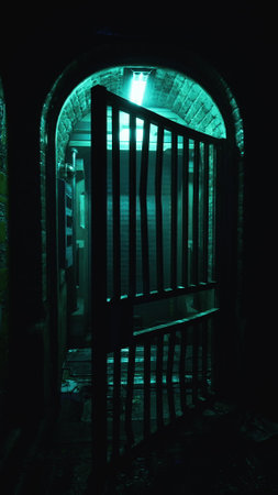 A weathered gate stands ajar under an eerie green light. The glowing entrance suggests hidden secrets and untold stories waiting in the shadows of a dark and mysterious alley.の写真素材